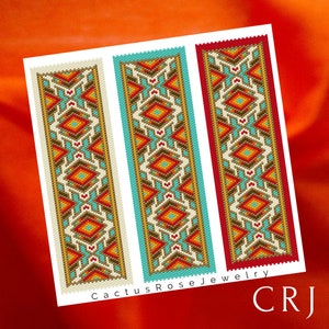 Puede incluir: Tres diseños de marcapáginas con cuentas con patrones geométricos en rojo, naranja, amarillo, azul, marrón y blanco. Los marcapáginas están sobre un fondo blanco con el texto "Cactus Rose Jewelry" y "CRJ" en la parte inferior.