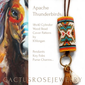 Apache Thunderbirds, 18x40mm New Cylinder Bead cover pattern, odd count peyote, pendant, decorative beaded fan pull fob, key fob