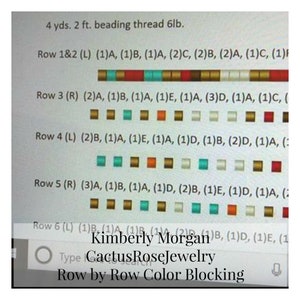 May include: A close-up of a color blocking chart for a beading project. The chart shows the colors and quantity of beads needed for each row. The chart is labeled "Row by Row Color Blocking".