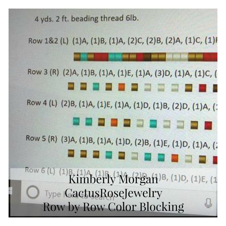 May include: A close-up of a color blocking chart for a beading project. The chart shows the colors and quantity of beads needed for each row. The chart is labeled "Row by Row Color Blocking".