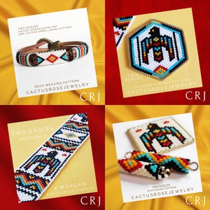 May include: Four different beading patterns for a Native American inspired design featuring two eagles. The patterns are for a bracelet, a pendant, a bracelet, and a pair of earrings. The patterns are available as instant downloads in PDF format. The text "Two Eagles" is included in each pattern.