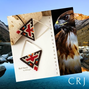 May include: A pair of silver hoop earrings with a triangular beaded design. The beads are red, white, brown, and blue. The earrings are labeled "Red Hawk by KMorgan".