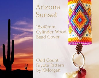 Arizona Sunset, odd count peyote pattern for the New18x40mm Cylinder wood beads, Southwestern pendant, key fob, charm by KMorgan