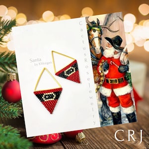 May include: A pair of Santa-themed earrings with gold-colored triangular frames. The earrings feature a red, black, and white beaded design, mimicking Santa's suit. The image includes a Christmas tree, ornaments, and a vintage Santa Claus illustration.
