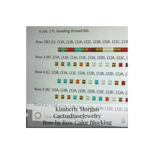 May include: A close-up of a color blocking chart for a beading project. The chart shows the colors and bead counts for each row of the project. The colors are gold, white, red, orange, and turquoise. The chart is labeled "Row by Row Color Blocking" and includes the name "Kimberly Morgan" and the text "CactusRoseJewelry".