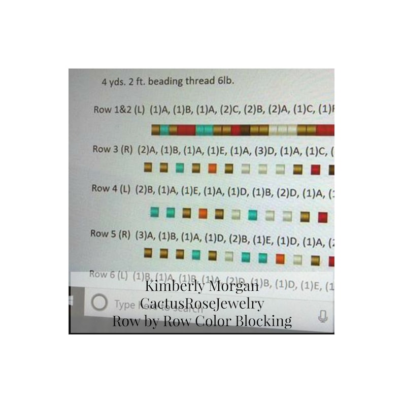 May include: A close-up of a color blocking chart for a beading project. The chart shows the colors and bead counts for each row of the project. The colors are gold, white, red, orange, and turquoise. The chart is labeled "Row by Row Color Blocking" and includes the name "Kimberly Morgan" and the text "CactusRoseJewelry".