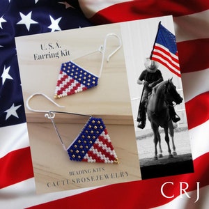 May include: A beading kit for making a pair of triangle-shaped earrings with a red, white, and blue American flag design. The kit includes silver earring hooks and beads. The text "U.S.A. Earring Kit" is printed on the card. The text "BEADING KITS CACTUSROSEJEWELRY" is printed on the card. The image also includes a black and white photo of a person riding a horse with an American flag.