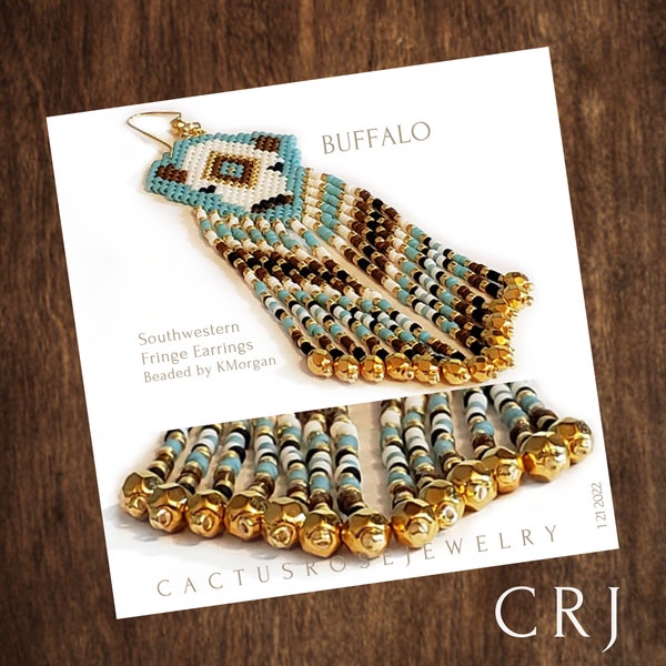 Buffalo Southwestern Diamond Earrings with Fringe Peyote Stitch Tutorial with Two Patterns instant downloading PDF