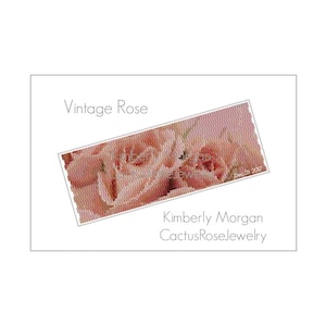 Puede incluir: Un fondo blanco con una imagen rectangular de rosas rosas. El texto "Vintage Rose" está encima de la imagen. Debajo de la imagen están las palabras "Kimberly Morgan" y "CactusRoseJewelry".