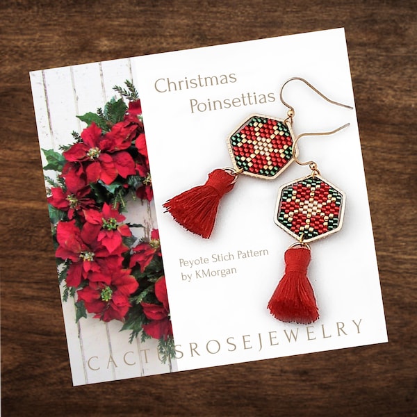 Christmas Poinsettias Hexagon Bauble Peyote Pattern Earrings, Charms, Dangles Pattern ONLY