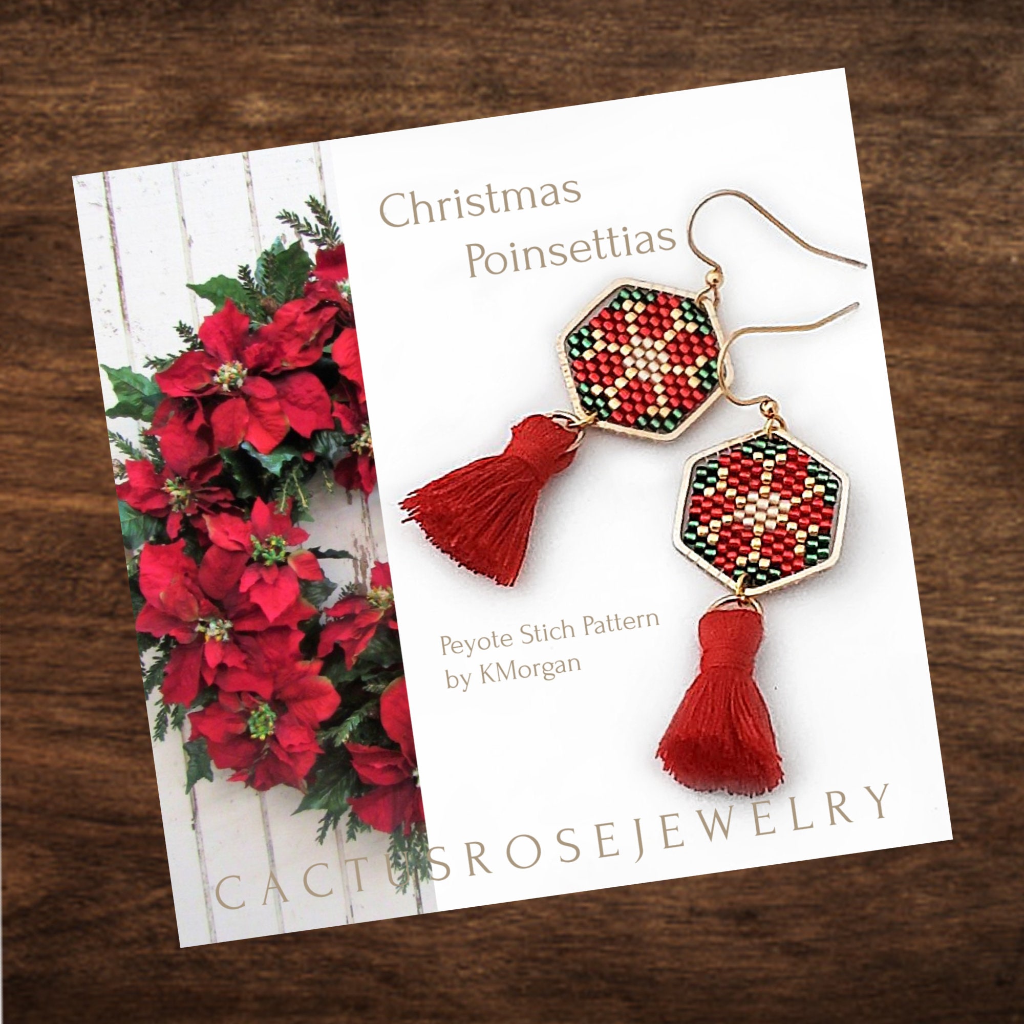 Christmas Poinsettias Hexagon Bauble Peyote Pattern Earrings, Charms, Dangles Pattern ONLY