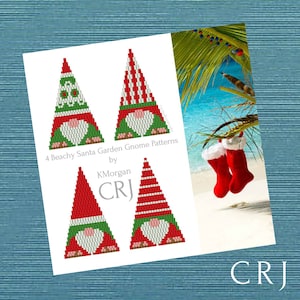 May include: A white paper with four gnome patterns and the text "4 Beachy Santa Garden Gnome Patterns by KMorgan CRJ". Two red Christmas stockings hang from a palm tree branch with a beach background.