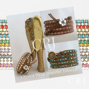 Peut inclure: Un tutoriel sur la façon de réaliser des bracelets enroulés de cristaux. L'image montre trois bracelets différents avec différentes couleurs de cristaux et une figurine d'éléphant en or. Le texte "Crystal Wrap Bracelet Tutorial" est affiché sur l'image.