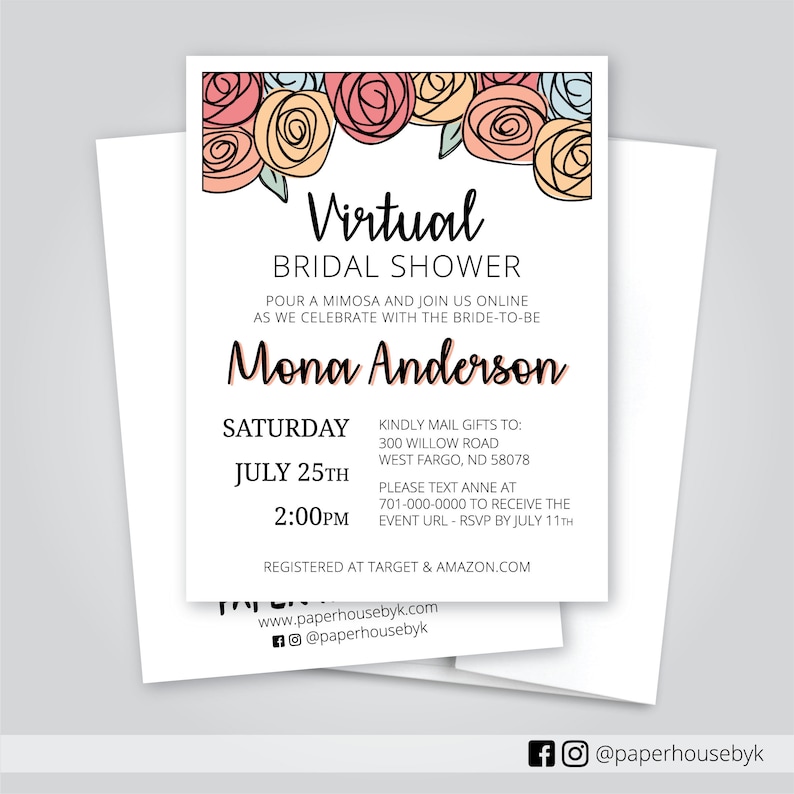 Floral Bridal Shower Invitation Virtual Shower Drive Thru Shower A2 Size Custom Envelopes Included