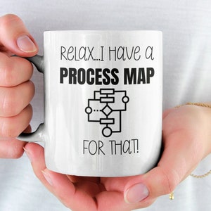 May include: White ceramic mug with black text that reads "Relax... I have a PROCESS MAP FOR THAT!" and a black and white illustration of a process map.