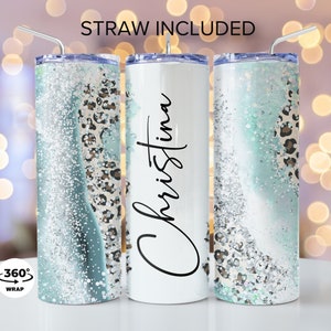 Personalized Leopard Tumbler: Blue Glitter Stainless Steel 20oz