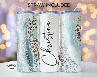 Personalized Leopard Tumbler: Blue Glitter Stainless Steel 20oz