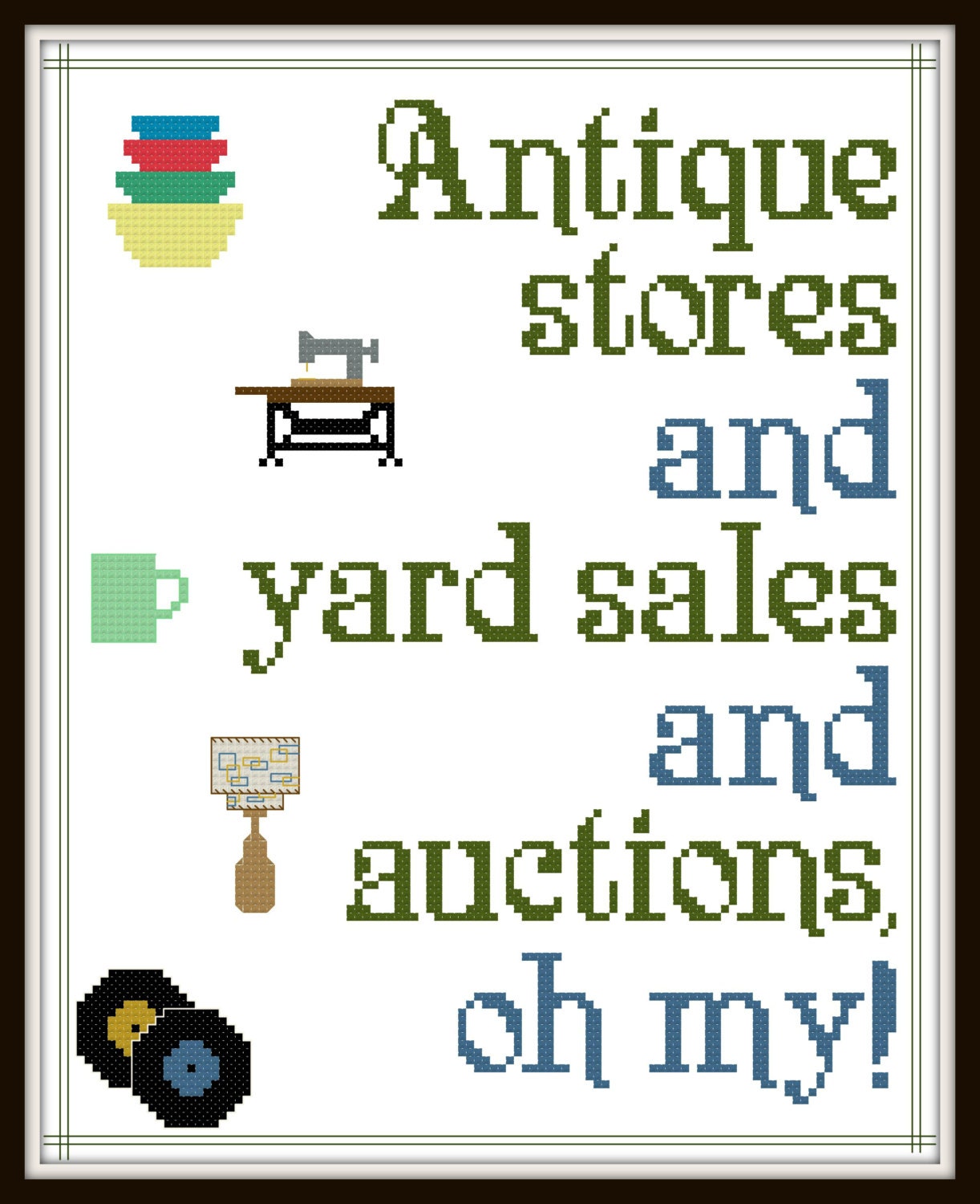 Cross Stitch Pattern - Antique Stores and Yard Sales and Auctions Oh My! - Vintage Collector - Instant Download