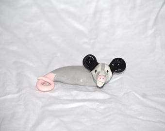 Miniature Ceramic Opossum, Fairy Garden Accessory, Plant Shelf Critter, Fridge Magnet, Armor Buddy