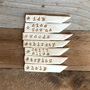 May include: Set of eight white ceramic plant markers with gold lettering. The markers have different words on them, including "idk", "aloe", "gov'na", "weeds", "thirsty", "still alive", "trying", and "help".