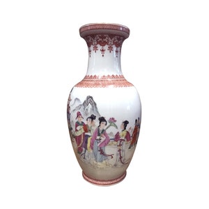 Large Vintage Chinese Neo-Famille Rose Vase Immortals Admiring Flowers