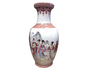 Large Vintage Chinese Neo-Famille Rose Vase Immortals Admiring Flowers