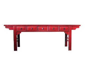 Extra Long Antique Chinese Country Style Red Lacquer Offering Desk Console Table with Five Drawers