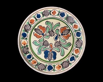 Vintage Hungarian Hand-painted Polychrome Glazed Wall Hanging Decorative 'Flower' Plate