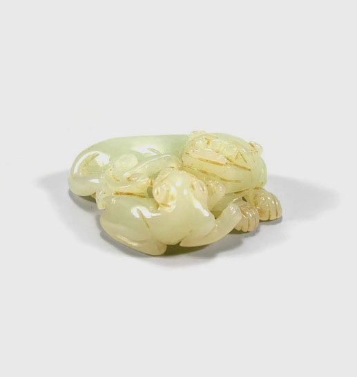 Ming-style Carved Pale Celadon Jade Group/toggle of Buddhist