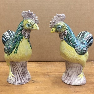 Pair of Antique Chinese Export Susancai Glazed Porcelain Roosters