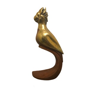 Vintage Cast Handmade Brass and Hardwood Parrot Statue Sculpture Figurine