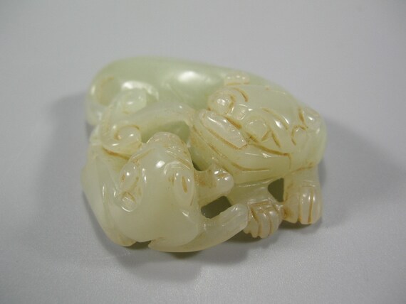 Ming-style Carved Pale Celadon Jade Group/toggle of Buddhist