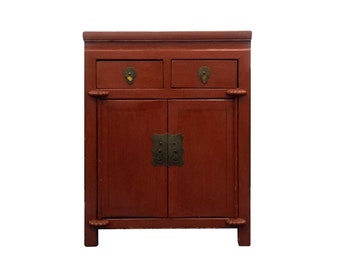 Small Antique Chinese Northern Country-Style Burnt Red Cabinet Nightstand