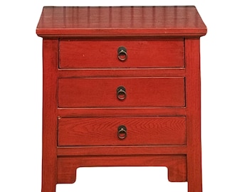 Vintage Chinese Old Country-Style Red Lacquered Bedside Cabinet Nightstand