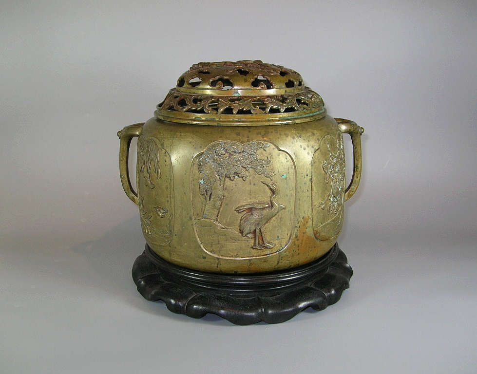 大型アンティーク中国製手作りブロンズ銅製香炉 カバー付き / 香炉