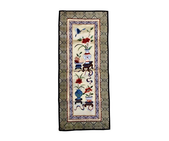 Petit Panneau Textile Brodé – Soie Métallisée, Français, Vintage, Motif Floral