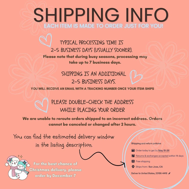 May include: A peach-colored informational graphic with dark brown text detailing shipping policies, processing times, and delivery estimates. The design features light blue hand-drawn hearts, floral outlines, and two small cartoon snowmen at the bottom.