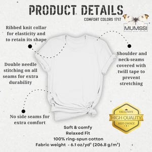 May include: White t-shirt with product details. Features include a ribbed knit collar, double needle stitching, and no side seams. The shirt is made of 100% ring-spun cotton and has a relaxed fit. The fabric weight is 6.1 oz/yd&sup2;.