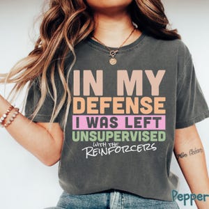 May include: Dark grey t-shirt with the slogan "IN MY DEFENSE I WAS LEFT UNSUPERVISED WITH THE REINFORCERS" in peach, pink, and green. The shirt has a crew neck and short sleeves. The text is in a bold, sans-serif font.