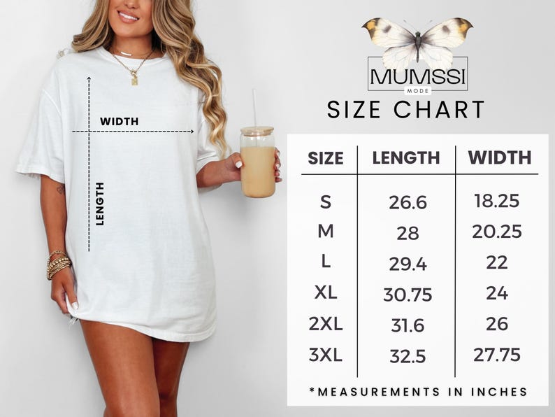 May include: A white t-shirt with a size chart, featuring measurements in inches. The chart lists sizes S through 3XL, with corresponding length and width measurements. The MUMSSI MODE logo is at the top.