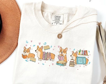 Pastel Reading Corgis Shirt, Teacher Dog Tee, Book Lover Comfort Colors Shirt, Cute Dog Mom Gift, Cozy Corgi Classroom Tee