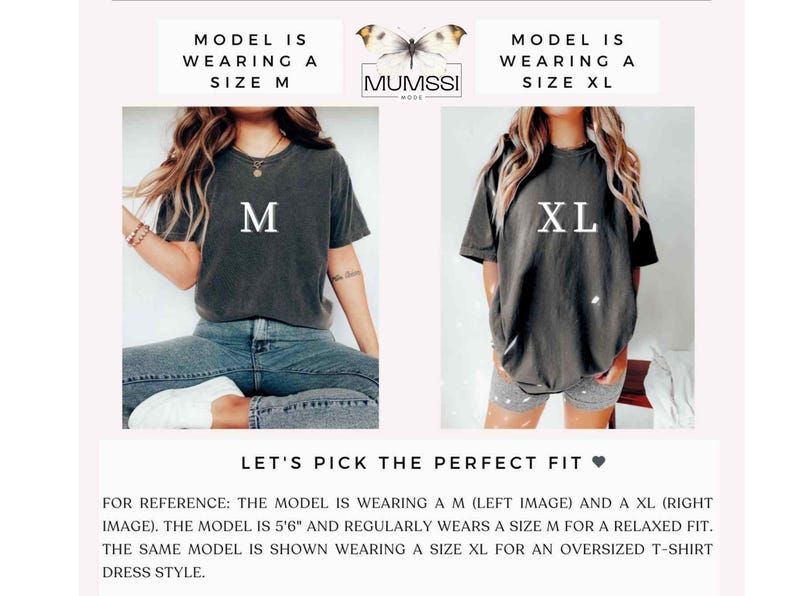 May include: Two women's t-shirts in different sizes, M and XL, are displayed. The shirts are dark gray and have the size printed in white. The text "LET'S PICK THE PERFECT FIT" is also visible.