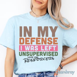 May include: Pale blue t-shirt featuring the phrase "IN MY DEFENSE I WAS LEFT UNSUPERVISED WITH THE REINFORCERS" in brown, orange, pink, and green. A casual top.