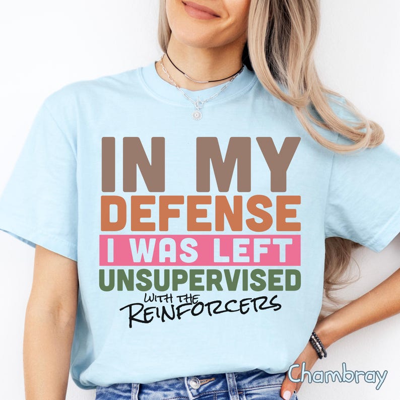 May include: Pale blue t-shirt featuring the phrase "IN MY DEFENSE I WAS LEFT UNSUPERVISED WITH THE REINFORCERS" in brown, orange, pink, and green. A casual top.