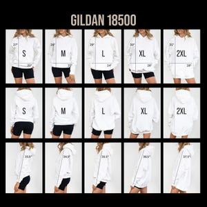 K&ouml;nnte beinhalten: Eine Gr&ouml;&szlig;entabelle f&uuml;r den wei&szlig;en Gildan 18500 Kapuzenpullover mit Vorder-, R&uuml;ck- und Seitenansichten f&uuml;r die Gr&ouml;&szlig;en S, M, L, XL und 2XL. Das Bild enth&auml;lt aufgedruckte Ma&szlig;e in Zoll, mit L&auml;ngen von 27 bis 37,5 Zoll und Breiten von 20 bis 28 Zoll.