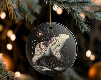 Scandinavian Polar Bear Christmas Ormament, Norwegian Folk Art Gift, Cottage Core Hygge Botanical Design