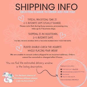 May include: A peach-coloured graphic with the text "SHIPPING INFO" and other text about processing and shipping times. The image also includes a snowman graphic and a note about Christmas delivery.