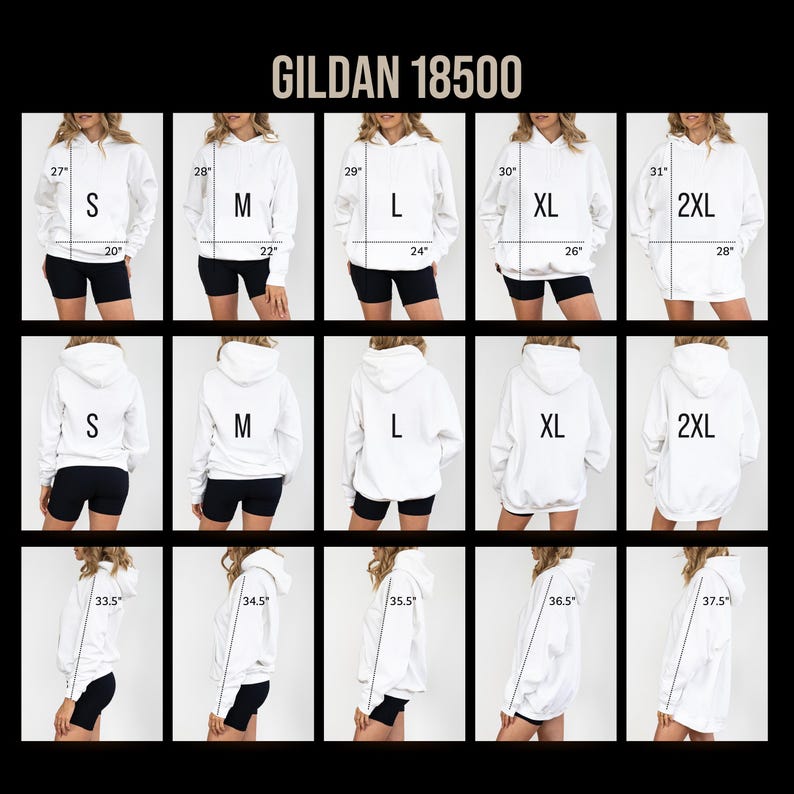 May include: A Gildan 18500 white hoodie size chart displaying front, back, and side views for sizes S, M, L, XL, and 2XL. The image includes printed measurements in inches, showing lengths from 27 to 37.5 inches and widths from 20 to 28 inches.