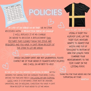 May include: Image with text detailing store policies, including size chart with measurements in inches, and instructions on how to measure a shirt for the best fit. The text is on a peach background with heart illustrations.