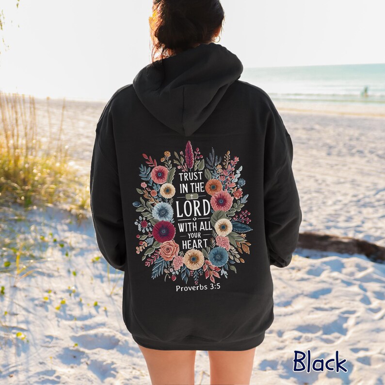 Sudadera cristiana "Confía en el Señor", sudadera con capucha "Fe", sudadera con capucha "Religiosa", regalo cristiano de Pascua, sudadera con capucha "Proverbios 3:5", sudadera con capucha "Iglesia" Black